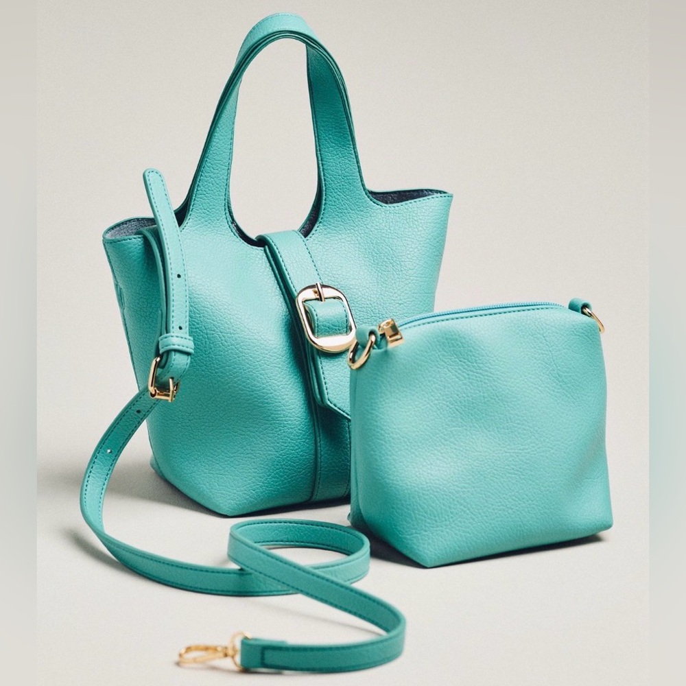 Anthropologie Pebbled Bucket Mini Tote in Light Blue NWT